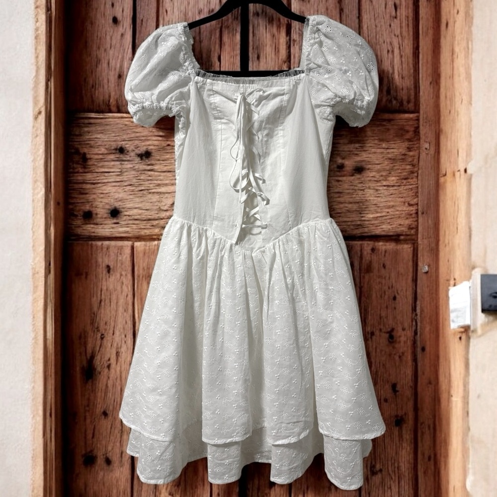 FLETTA (S) Milkmaid Dress Puff Sleeves Eyelet Korean Designer Layered Peasant